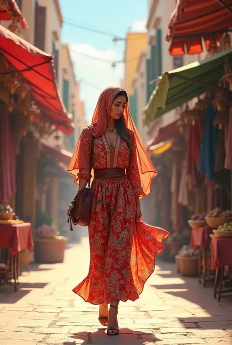 Femme marocaine marchant dans la rue et regardant en bas 