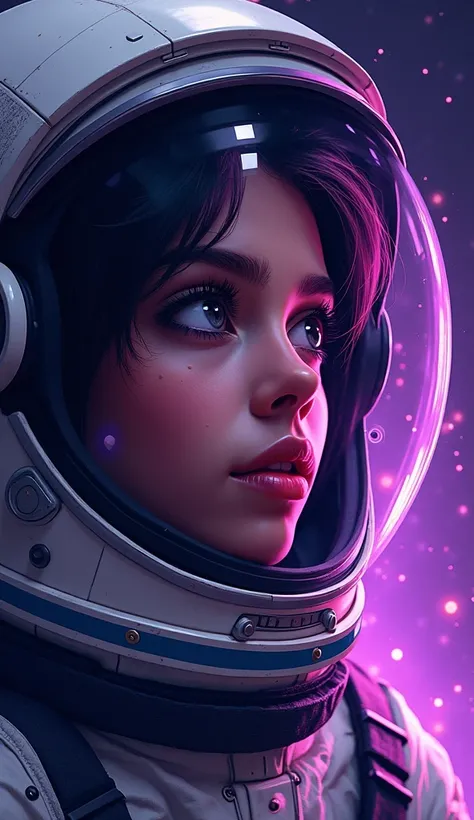 A close-up of an astronaut’s face inside a helmet, eyes wide as they see the black hole pulling them in, vibrant digital doodle, bold blacks and electric purples with reflections of swirling light, dramatic and immersive.