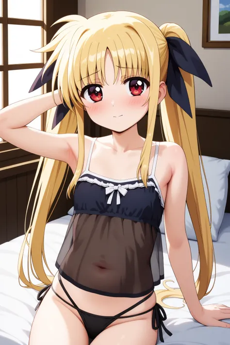 masterpiece,best quality,{{detailed beautiful face and eyes}}, very detailed background,
Fate Testarossa,{{{megami magazine}}},long hair,blonde hair,twintails,hair ribbons,black ribbons,red eyes,small breasts,
(black see-through camisole:1.2), black side-t...