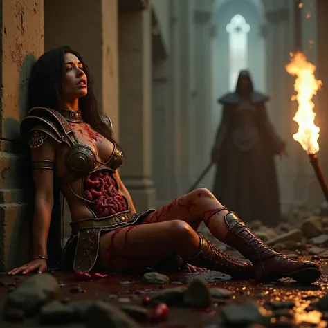 A cinematic artstyle image movie shot of a attractive gladiator woman in gladiator armour is disemboweled she is in pain, her intestines are hanging out of her belly,painful expression, in background a witch can be seen