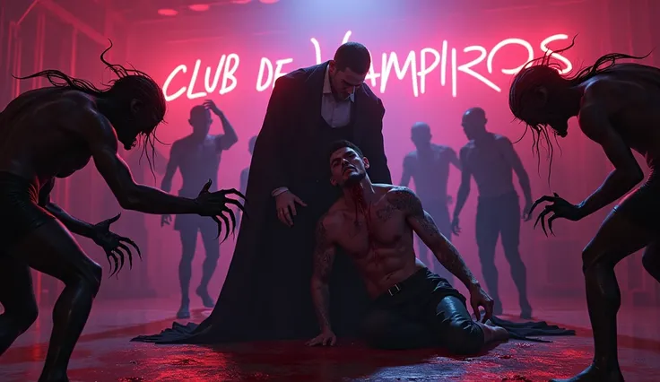 Nosferatu biting the neck of a sexy young stud , demons biting and drinking blood out of sexy men , club de vampiros, neon bright lights  saying"club de vampiros"  very big in background, demons sucking blood of sexy men on dancefloor 