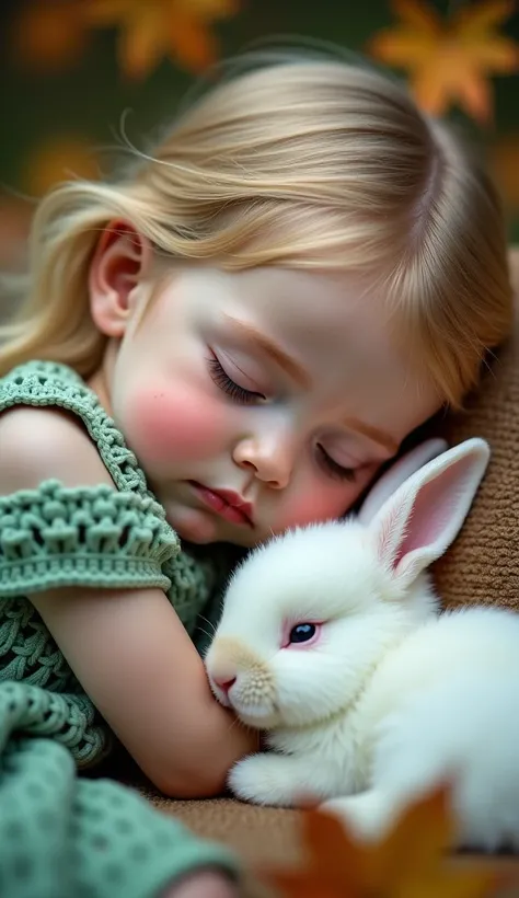     a young girl, probably ,     with blond hair,     sleeping peacefully  ,     and delicate features    .     She has pink cheeks with some freckles   ,    eyes closed , a texture,    serene expression. She rests her head on her hand,  in a relaxed pose ...