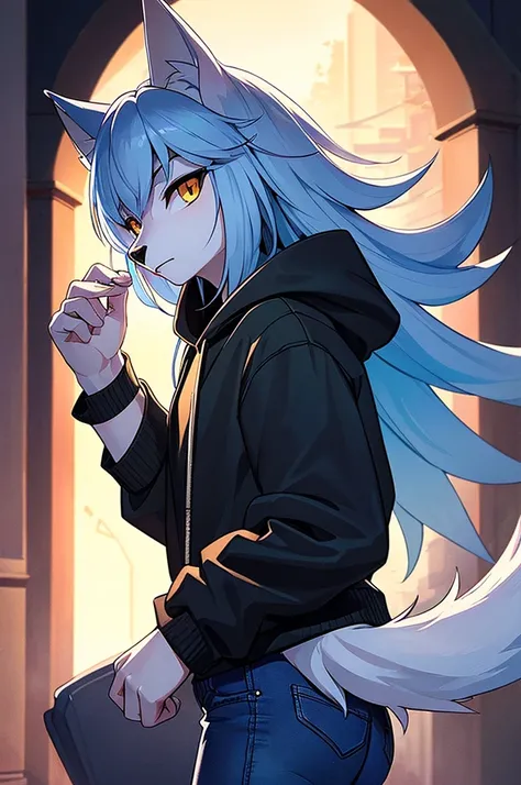 ( artwork,  top quality,  better quality,  official art ,  Beautiful and aesthetic:1.2) a wolf ,  white wolf ears ,  blue hair, Wolf tail,  white skin,  golden eyes,   fringes wearing a black hoodie and blue jeans.