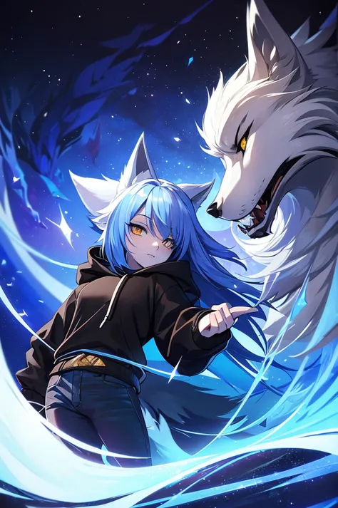 ( artwork,  top quality,  better quality,  official art ,  Beautiful and aesthetic:1.2) a wolf ,  white wolf ears ,  blue hair, Wolf tail,  white skin,  golden eyes,   fringes wearing a black hoodie and blue jeans.