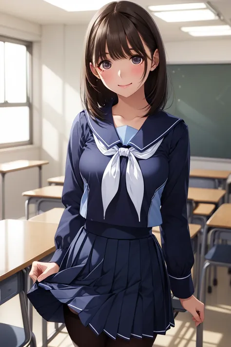  Masterpiece,  top quality,  Hi-Res, Amanaka ,  Hair,  shortcuts,  blue uniform,  blue shirt,  Long Sleeve, Blue Sailor Collar,  white neckerchief ,  pleated skirt,   blue skirt from crotch,  standing, cowboy shot, classroom, (skirt hold:1.5),(panties unde...