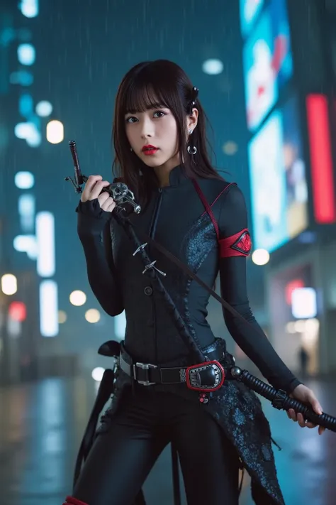 "A Japanese female assassin in a futuristic cyberpunk city, wearing a sleek black tactical suit with subtle red accents. She has sharp, intense eyes and wields a katana with a high-tech design, glowing faintly in the dim neon lights. Her face is partially ...