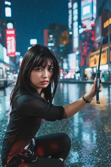 "A Japanese female assassin in a futuristic cyberpunk city, wearing a sleek black tactical suit with subtle red accents. She has sharp, intense eyes and wields a katana with a high-tech design, glowing faintly in the dim neon lights. Her face is partially ...