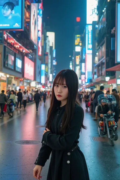 "A Japanese female assassin in a futuristic cyberpunk city, wearing a sleek black tactical suit with subtle red accents. She has sharp, intense eyes and wields a katana with a high-tech design, glowing faintly in the dim neon lights. Her face is partially ...