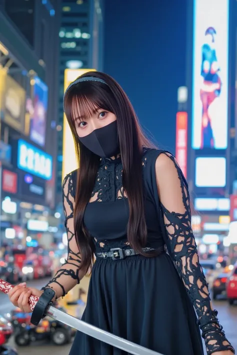 "A Japanese female assassin in a futuristic cyberpunk city, wearing a sleek black tactical suit with subtle red accents. She has sharp, intense eyes and wields a katana with a high-tech design, glowing faintly in the dim neon lights. Her face is partially ...