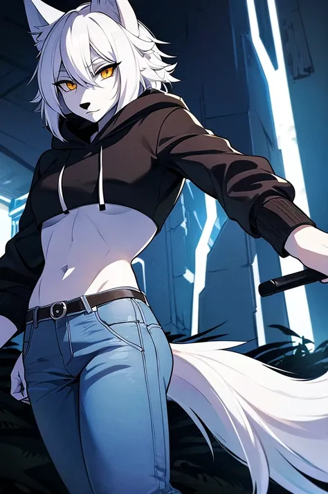 ( artwork,  top quality,  better quality,  official art ,  Beautiful and aesthetic:1.2) a wolf ,  white wolf ears ,  white hair, Wolf tail,  white skin,  golden eyes,  fringes wearing a black hoodie and blue jeans.
