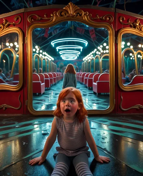  Cinematic horror image Room with a labyrinth of mirrors even on the roof of an amusement park with the reflection of a lost chubby freckled red-haired girl,  different versions of the girl grabbing the girl through the glass to nap her and take her to the...