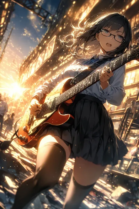 ( top quality:1.2, very well detailed ,  ah high contrast , top quality,  Best Aesthetics),  1 girl、 black hair、Glasses、An office uniform with a black skirt 、 black stockings、Wear heels、 1 girl playing an instrument  ( plays guitar emotionally、 highdetaile...