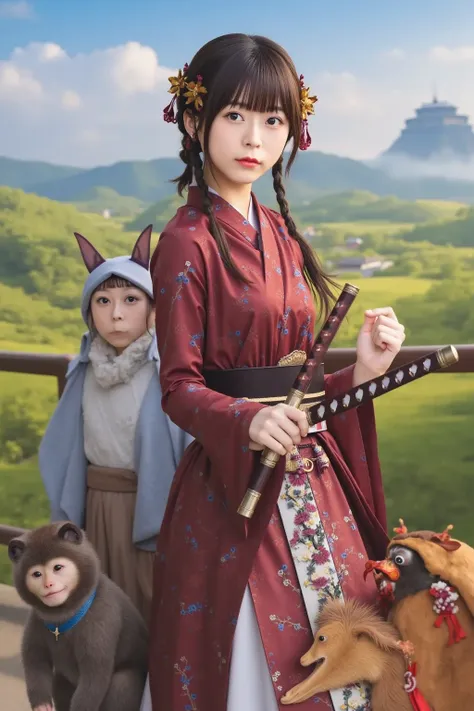 "A Japanese woman reimagined as a character from the Momotaro legend, wearing a traditional samurai-style outfit with modern fantasy elements. She carries a beautifully crafted katana and has a determined yet kind expression. A loyal dog, monkey, and pheas...