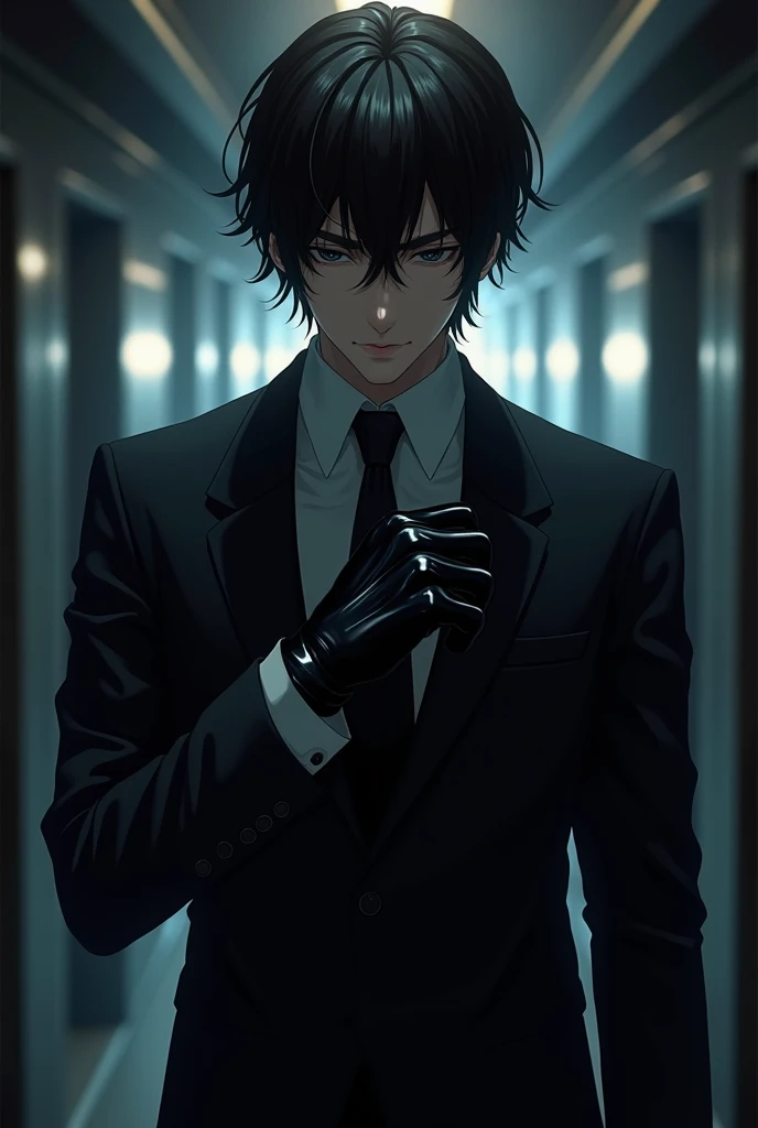 Create a man standing in a dark corridor with dramatic lighting, anime boy with black hair and eyes, in an expensive suit, cold expression, fixing his glove.