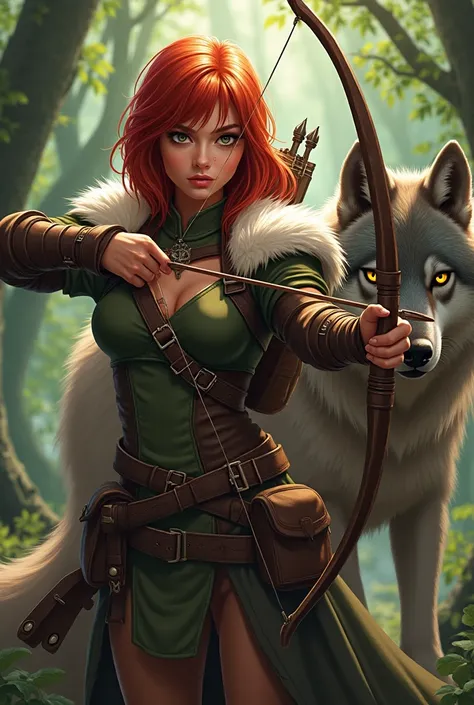 "4K anime style quality, digital drawing mode, rugged ranger with shoulder-length red hair and piercing green eyes, wearing leather armor with fur trim, accompanied by a massive dire wolf, standing in a dense forest dungeon, radiant skin with a sun-kissed ...