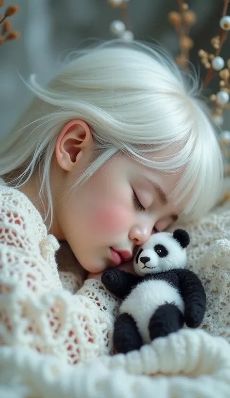     a young girl, probably ,     with white hair,     sleeping peacefully  ,     and delicate features    .     She has pink cheeks with some freckles   ,    eyes closed , a texture,    serene expression. She rests her head on her hand,  in a relaxed pose ...