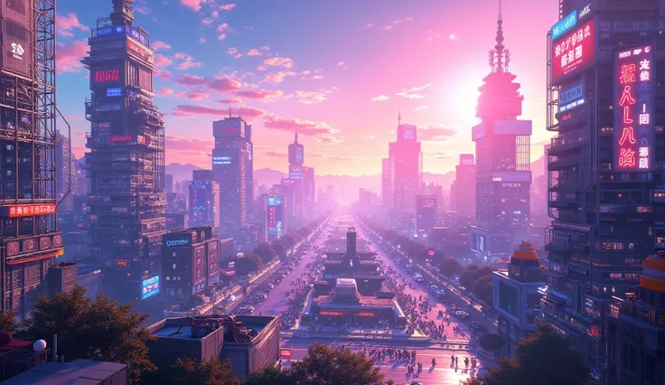 (( top quality、's greatest masterpiece、 Official Art、CG illustration))、( landscape illustration、 bright detailed animated illustration )、(Big city daytime 、Tokyo cityscape, white balance on the lunar surface 、bright town)