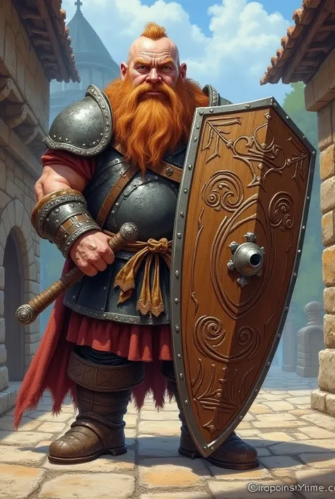 A fantasy-style dwarven squire with a massive shield, depicted in a colored pencil style but without visible pencil lines or sketch marks. The dwarf has a sturdy, well-armored build, with a determined expression. He stands in a medieval-style courtyard, re...