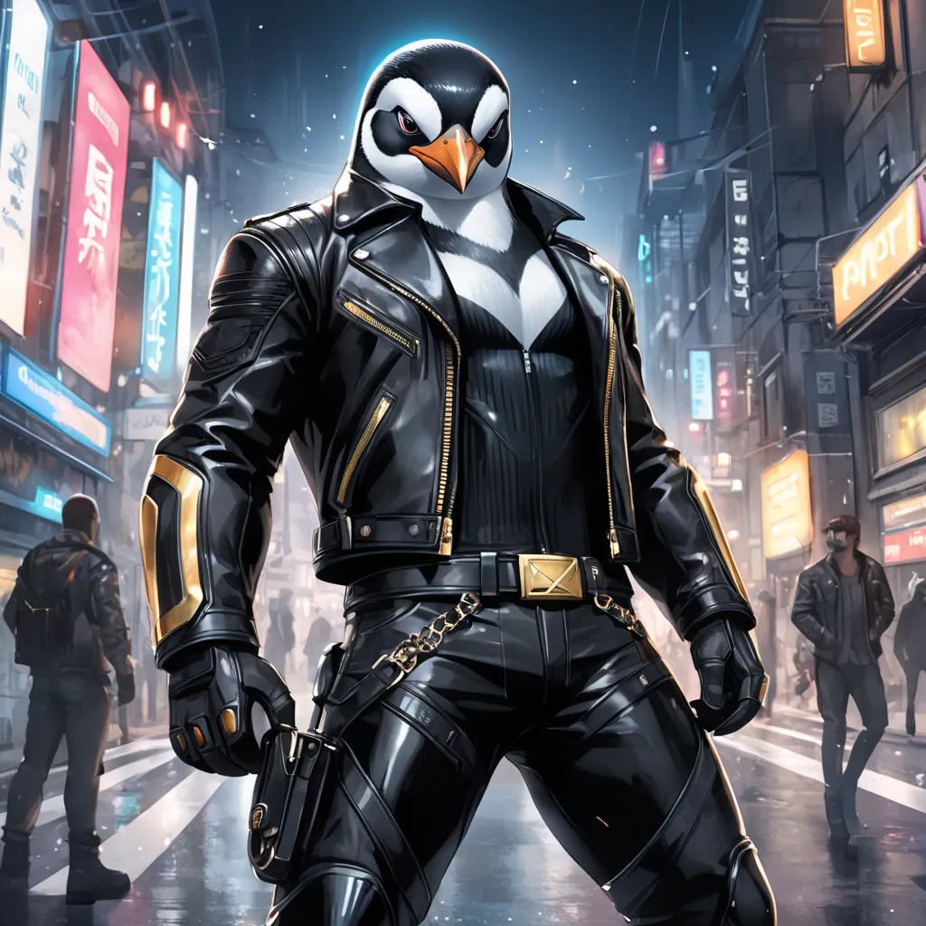 Closeup, Watercolor, digital comic book art style, super wide shot, Full body frontal photo, (Masterpiece) ，an extremely badass anthropomorphic penguin wearing an insanely cool black leather biker jacket open, black leather biker hat, black shirt, black le...