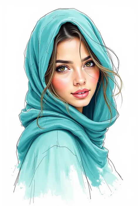 Sketch of a beautiful woman covering her hair with a cloth,  with elements of traditional illustration and textile design .  Geometric patterns and flowing lines with artistic expression . freehand , create textures with turquoise colors, and white.  white...