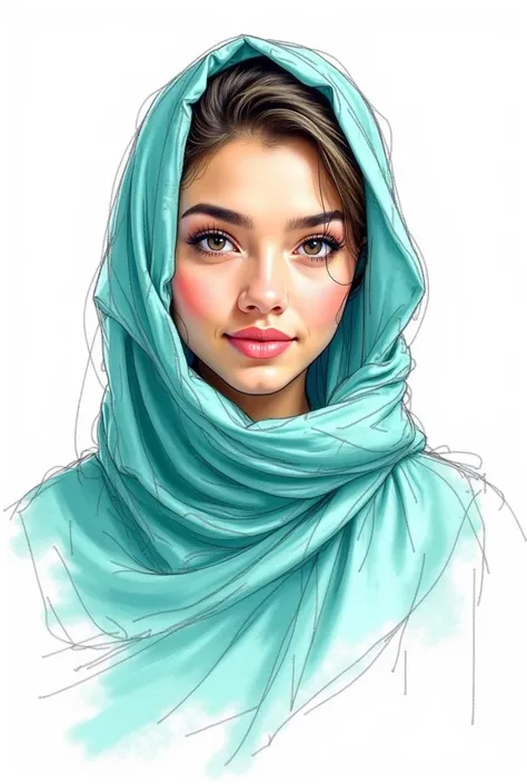 Sketch of a beautiful woman covering her hair with a cloth,  with elements of traditional illustration and textile design .  Geometric patterns and flowing lines with artistic expression . freehand , create textures with turquoise colors, and white.  white...