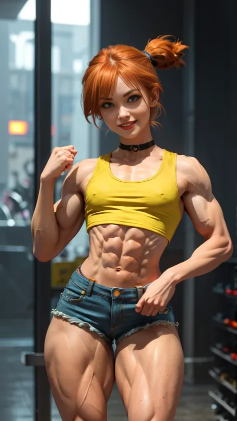 (muscular:2), (thick thighs:2),
(Misty from Pokémon:1.2), (girl with straight pigtailed ginger hair:1.2), red hair, (big smile:1.4), ponytail, pale skin,
(red lipstick, eyeshadow, red lips, beauty mark:1.2),
(flat chest:2),
choker, (yellow tank top:1.5), (...