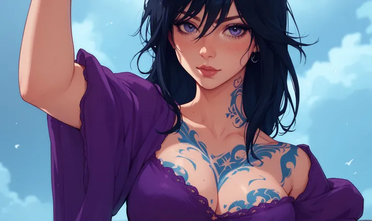 Black haired sorceress in purple dress covered with blue tattoos