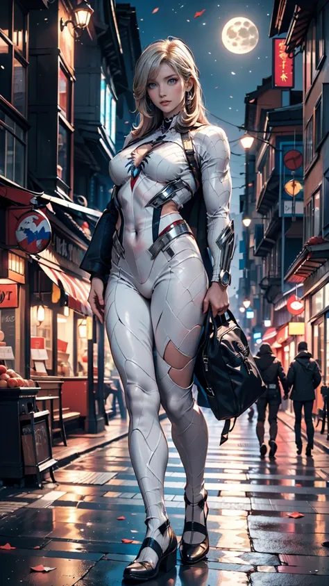 ( Masterpiece,  4K resolution ,  super real,  very detailed), ( superhero in white costume , Charisma, A girl is on the street ,  wearing a white Spider-Man costume,  superheroine with a broken heart), [(( 23 years old), (Long white hair:1.2),  full body, ...