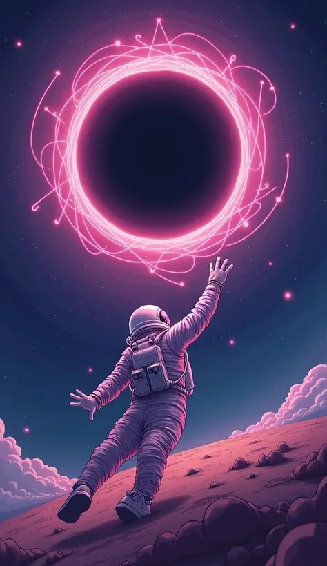 An astronaut hilariously stretched like a spaghetti noodle, their arms and legs elongating toward a glowing black hole, digital cartoon illustration, deep purples and blues with a cosmic glow, funny yet eerie.