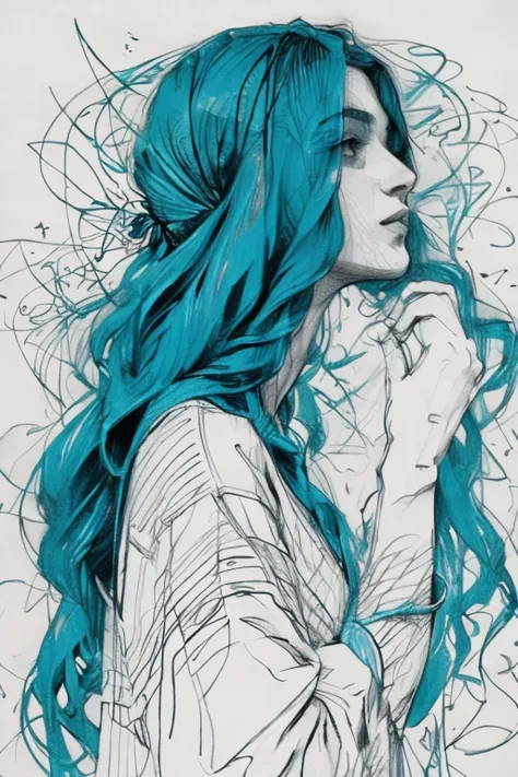 Sketch of a beautiful woman covering her hair with a cloth,  with elements of traditional illustration and textile design .  Geometric patterns and flowing lines with artistic expression . freehand , create textures with turquoise colors, and white.  white...