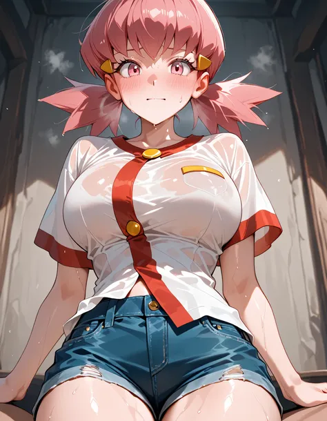 (((   top quality))), (    Details), 8k ,   hyperbust   ,1 person,,    sweaty , ,   Perfect Eye , zzWhitney, pink eyes, pink hair, pigtails, hair clip, white shirt, denim shorts,