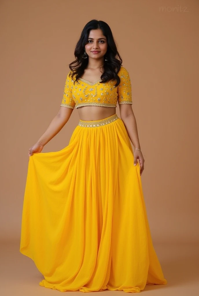 Realistic photo of waist of Beautiful south indian girl dusky in yellow lehenga