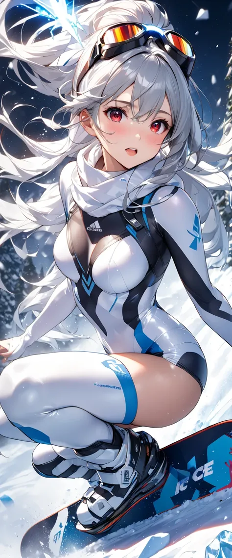 (( Masterpiece， super resolution on the floor:1.5))， 1girl ，Alone，Detailed face and eyes，((detail face ))， snowboard雑誌の表紙， pixel perfect， face ， snowboard，Diffused Blue Light ，(( Perfect Limbs ， anatomically extremely correct ， glamorous body ))，(( snowboa...