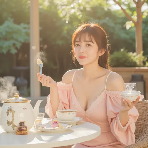 A charming 20-something cute super sexy Japanese person enjoying a delightful afternoon tea. They are dressed stylishly in warm colors such as soft pink and white, wearing a revealing yet elegant outfit that highlights their allure. They are seated at a be...