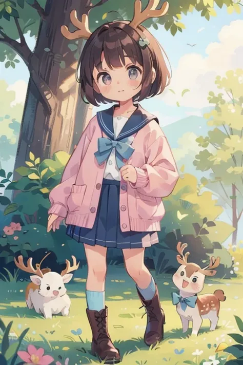 (      top quality , portable ,     very well detailed  ),     girl，deer，ピンクのふわふわのhair \(\),    hair,        short bob cut      ,     Thick eyebrows ，      Long Sleeve Sailor Suit ， pleated skirt， light blue ribbon ， pink cardigan， brown boots，Ram&#39;s ho...