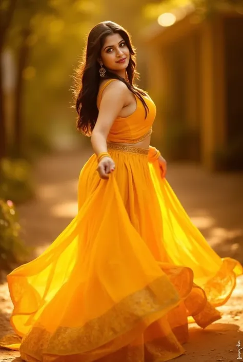 Beautiful South Indian dusky girl with curvy waist in yellow lehenga spining 