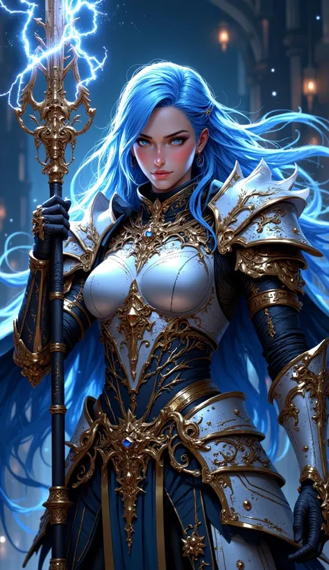 High Resolution, Details, White Woman, Blue Hair, long hair, heroic Look, Young Eyes, imperial paladin Armor, Holding a Lightning Spear 