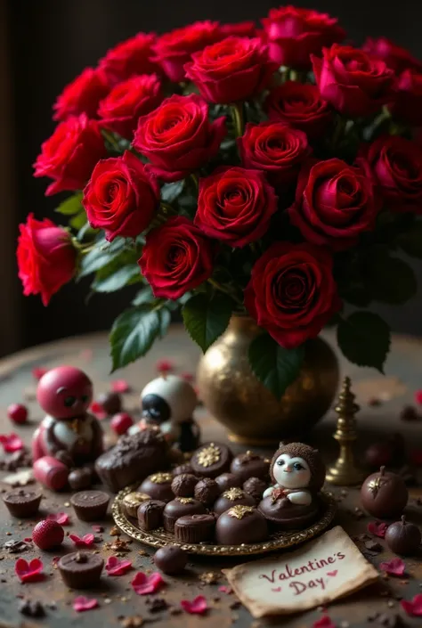 An exquisitely composed still-life image showcasing a bouquet of deep red roses intertwined with an assortment of decadent chocolates, commonly regarded as timeless symbols of love and affection. The meticulously captured details of each element are awe-in...