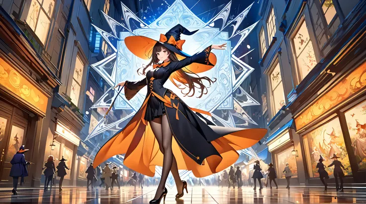 (( top quality)),(  ultra high resolution),(  very detailed),(  Detailed Explanation ),((  best CG  )),(  BEST ARTWORK  ), Ultra-precise art,  Amazing Painting Art,(Exquisite art:1.5), witch, タイトなwitchの服,  attractive hip line,  Blur magic square, 　 dynamic...