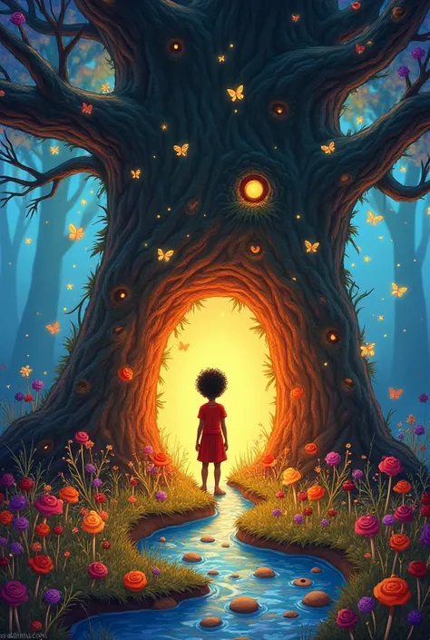 4. **The Magical World Inside the Tree**  
   - A whimsical, colorful world inside the tree. Tiny fairies with glowing wings are flying around, and rivers of chocolate flow through a landscape of candy trees and lollipop flowers. Ravi looks amazed as he st...