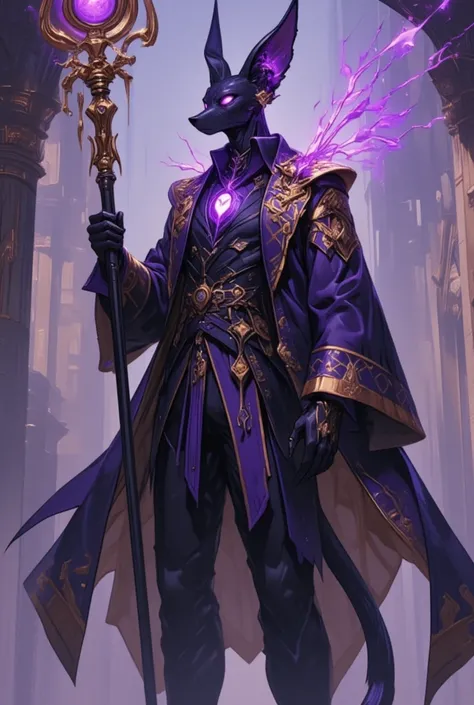 A humanoid jackal warrior with a sleek, mystical, and elegant design. He has glowing purple eyes and wears a dark purple and gold-trimmed Victorian-style butler suit. His head resembles Anubis, the Egyptian god, with tall, pointed ears and an intricate gol...