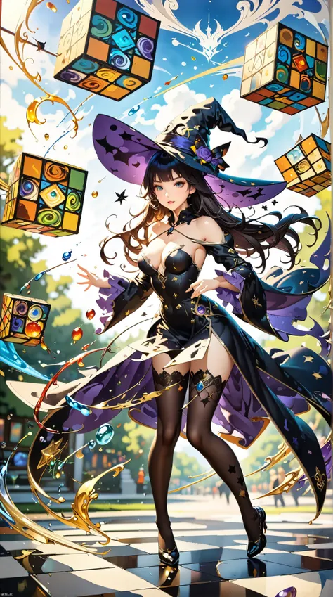 (( top quality)),(  ultra high resolution),(  very detailed),(  Detailed Explanation ),((  best CG  )),(  BEST ARTWORK  ), Ultra-precise art,  Amazing Painting Art,(Exquisite art:1.5), witch, タイトなwitchの服,  attractive hip line,  Blur magic square, 　 dynamic...