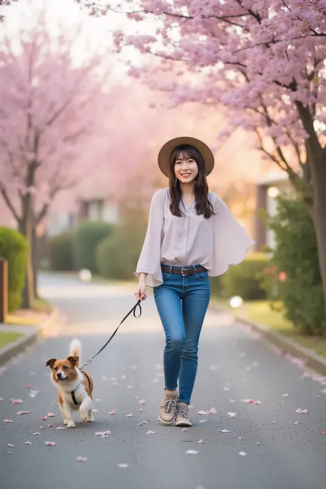 「A Japanese woman casually walking her dog through a peaceful neighborhood in spring. She wears a light, comfortable outfit, such as a flowy blouse and jeans, with a hat to protect from the sun. The dog is a cute, medium-sized breed, happily trotting besid...