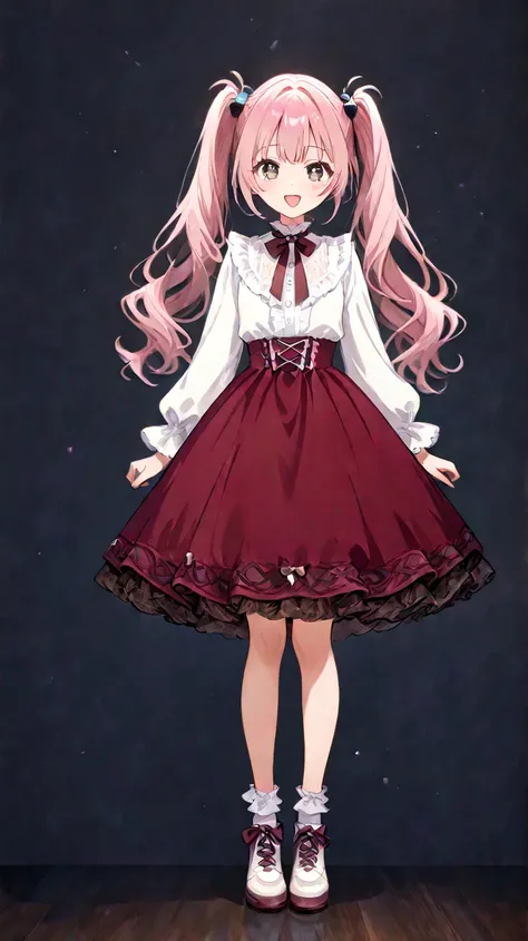 Symmetricalのイラスト　 facing the front　My chest is flat　Long, wavy hair, pale pink hair and light blue　long fluffy twin tails　 cute anime girls　white long sleeve blouse with lace detail and burgundy bow tie、Fluffy burgundy skirt with golden details on the hem、...