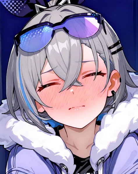 ,, (wide shot:0.7), upper body,,((full-face blush,embarrassed):1.5),(face waiting for kiss, closed eyes),((from front:1.4)),Silver Wolf,honkai star rail,oversized fleece jacket,round eyewear,purple sunglasses,eyewear on head, hairclip, hairband hair bow