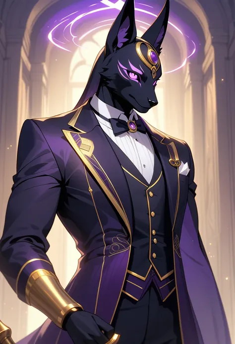 (masterpiece, best quality),A humanoid jackal warrior with a sleek, mystical, and elegant design. He has glowing purple eyes and wears a dark purple and gold-trimmed Victorian-style butler suit. His head resembles Anubis, the Egyptian god, with tall, point...