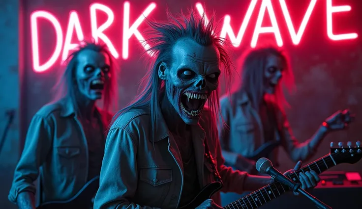 close up of zombies decayed with big 80" haircuts spraynet, hairspray, dark wave music band composed of rotten zombies, close ups, playing guitar and keyboards, one is singing in a microphone, "dark wave " is written in neon in background 