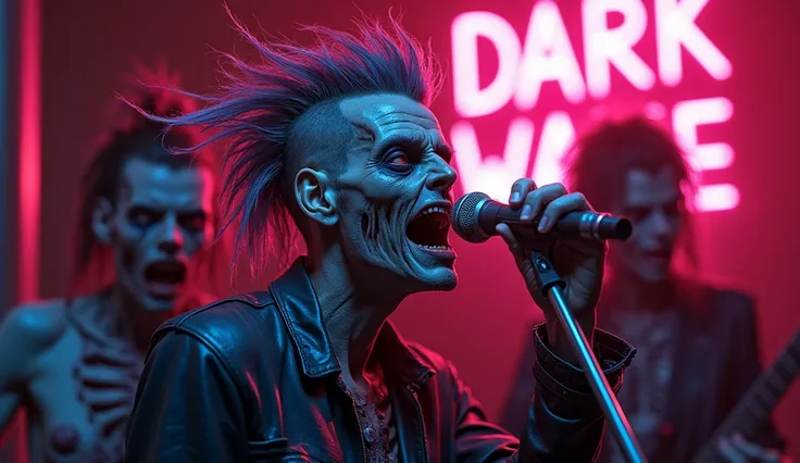 close up of zombies decayed with big 80" haircuts spraynet, hairspray, dark wave music band composed of rotten zombies, close ups, playing guitar and keyboards, one is singing in a microphone, "dark wave " is written in neon in background 