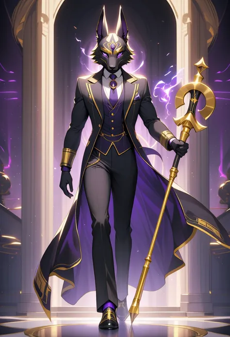 (masterpiece, best quality),A humanoid jackal warrior with a sleek, mystical, and elegant design. He has glowing purple eyes and wears a dark purple and gold-trimmed Victorian-style butler suit. His head resembles Anubis, the Egyptian god, with tall, point...