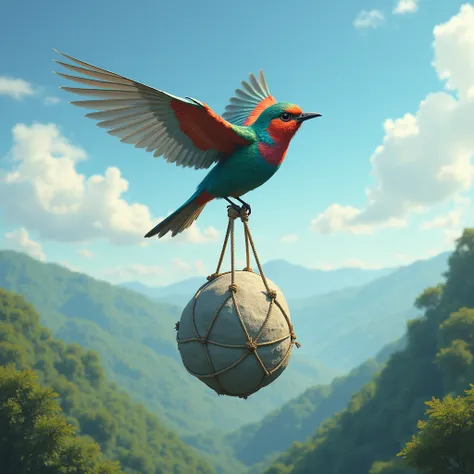 Create an image of a beautiful small bird flying with ropes around it lifting a heavy rock